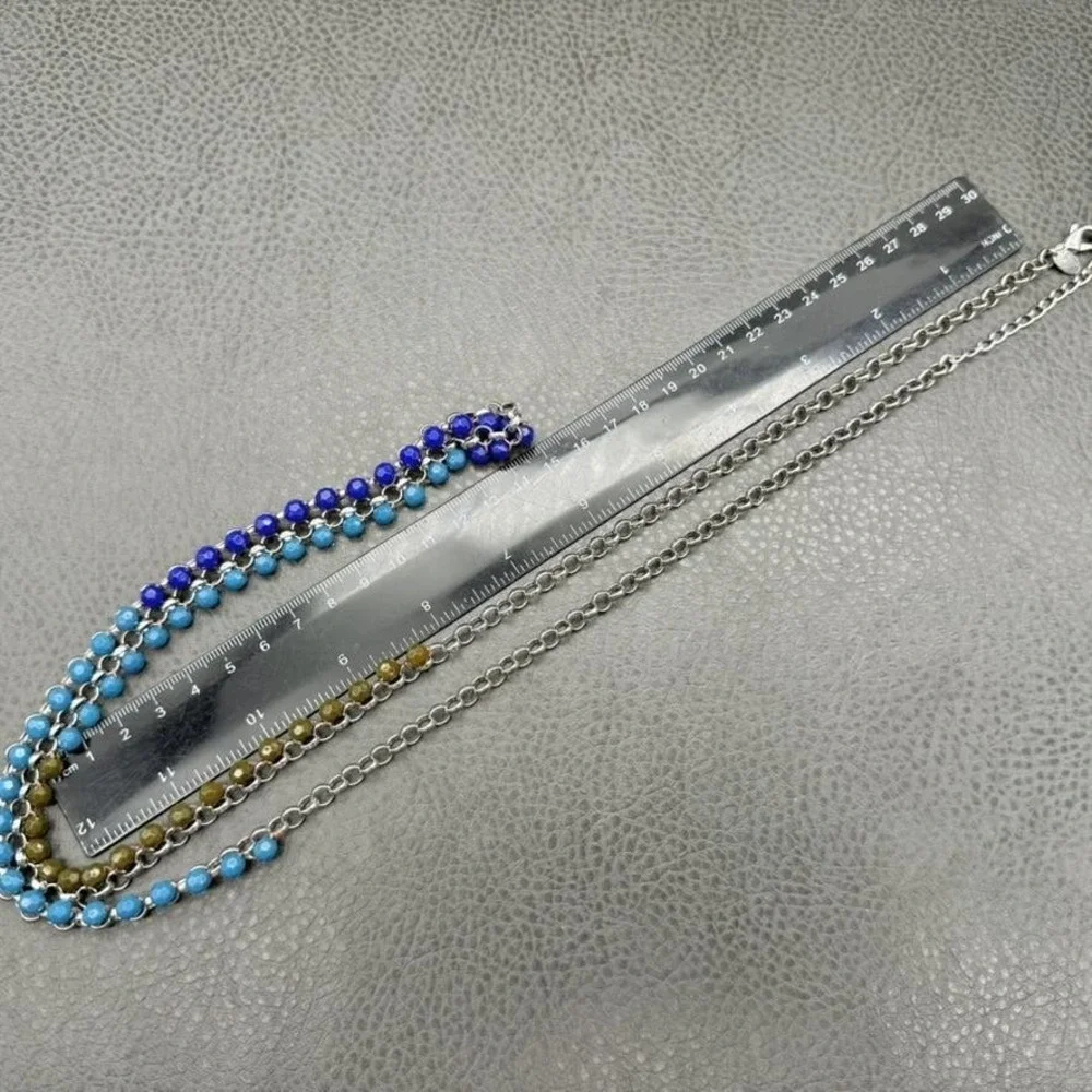 Lia Sophia Beaded Chain Necklace Silver Tone Blue Brown Faceted Beads 36 Inch